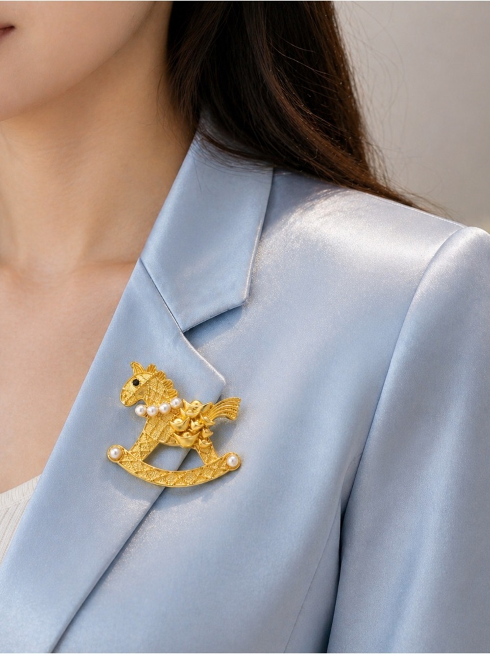 Vintage Gold Rocking Horse Brooch with Pearls